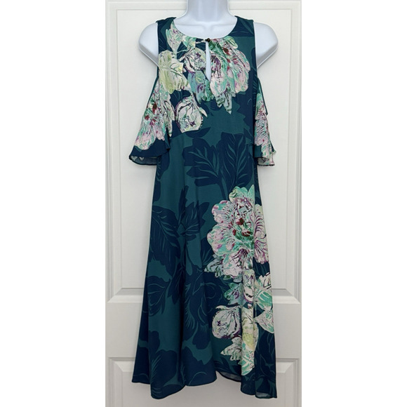NWT Anthropologie MAEVE Elia Open Shoulder Turquoise Teal Blue Floral Dress Sz 8 - Picture 1 of 16